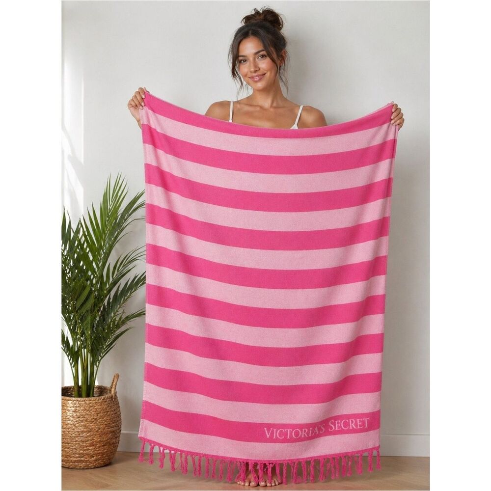 Limited Edition Rare Victoria Secrets PINK Striped Beach Towel Blanket 54”x40”